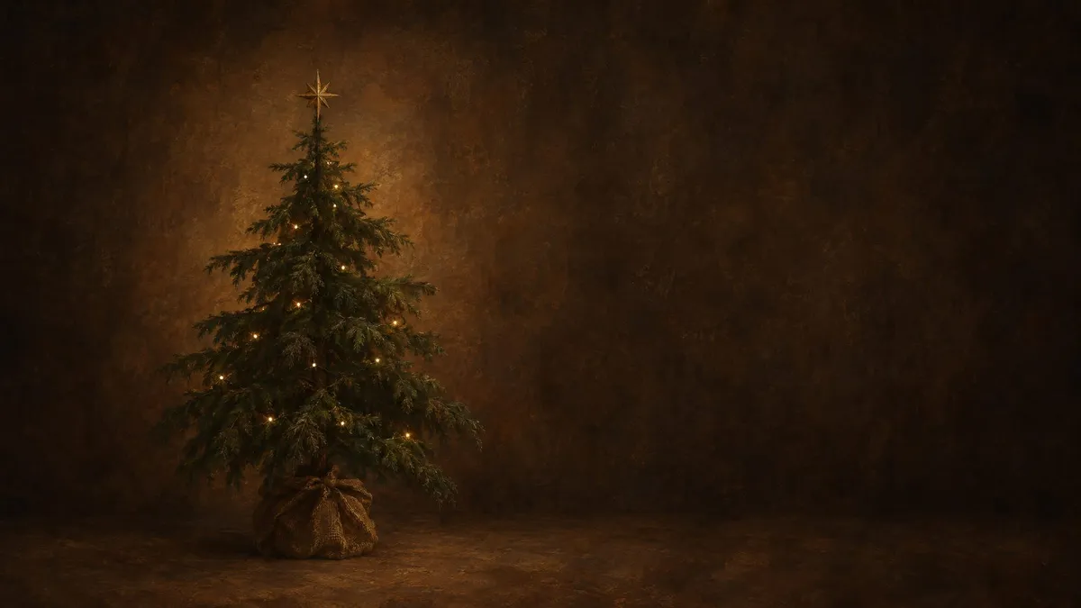 A small fir Christmas tree with warm lights and a brass star, its base wrapped in burlap, in a dark empty room