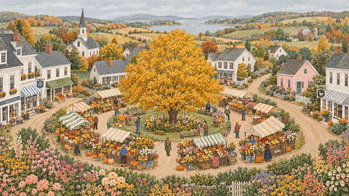 Autumn Farmers Market Village shown on your frame