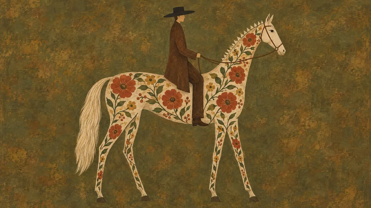 Cream folk-art horse in profile decorated with red flowers and green leaves, ridden by a figure in a black hat