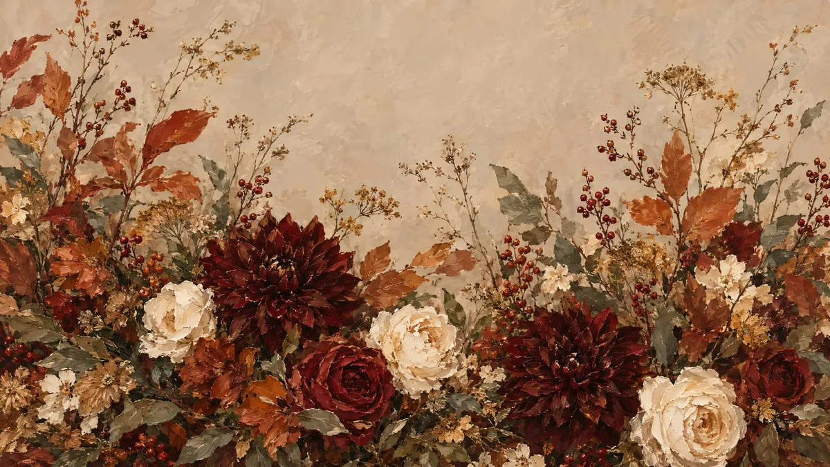 Oil painting of dark red dahlias, roses, berries, and dried stems rising from the bottom edge against an open background