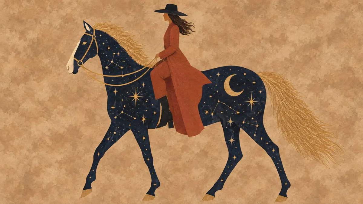 Star-filled folk-art horse with a crescent moon, ridden by a figure in a wide-brimmed hat, on a mottled tan ground