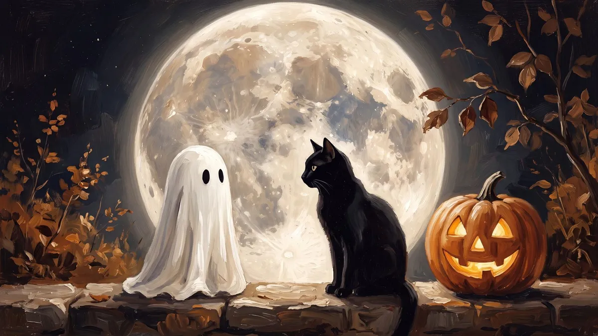 White sheet ghost, black cat and carved pumpkin on a stone ledge in front of a huge full moon