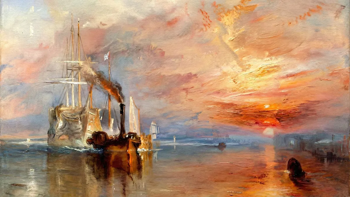 Pale sailing warship towed by a small dark steam tug across calm water toward a blazing orange sunset