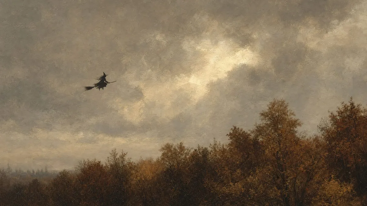 Flying Witch Autumn Landscape shown on your frame