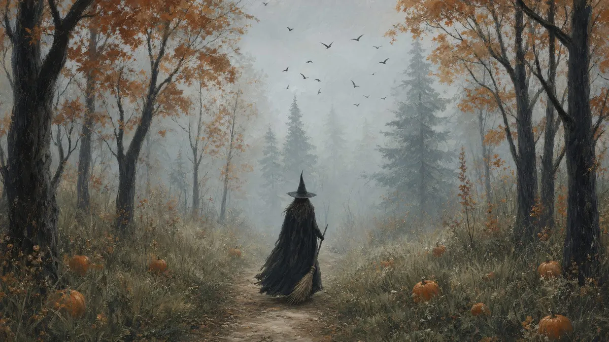 Witch In Autumn Forest shown on your frame