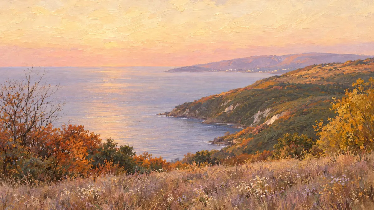 Oil painting of a calm bay at sunset with green hills, orange autumn trees and a grassy meadow