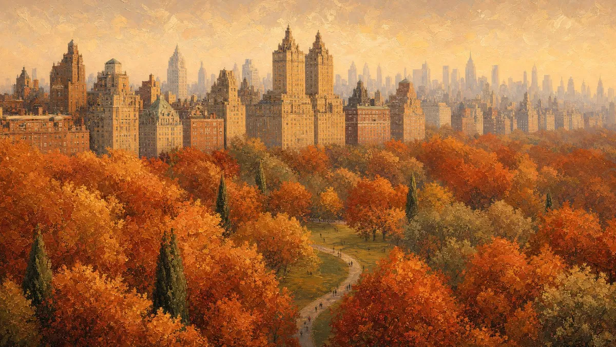 Autumn park treetops in orange and rust with a curving path, brick apartment towers, and a hazy city skyline behind
