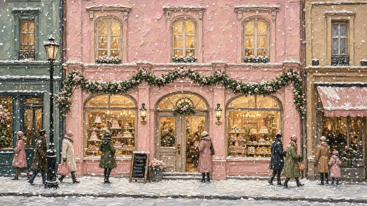 Pink bakery storefront with lit arched windows and evergreen garland on a snowy street, with small figures walking by