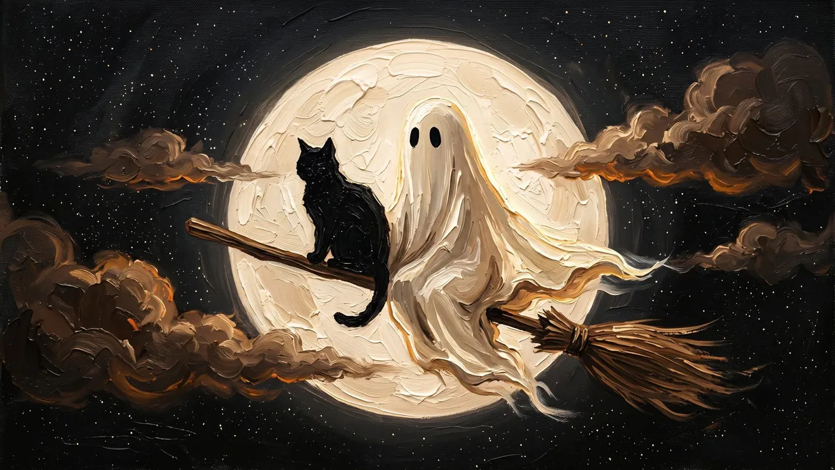 Moody Ghost Cat Broomstick shown on your frame
