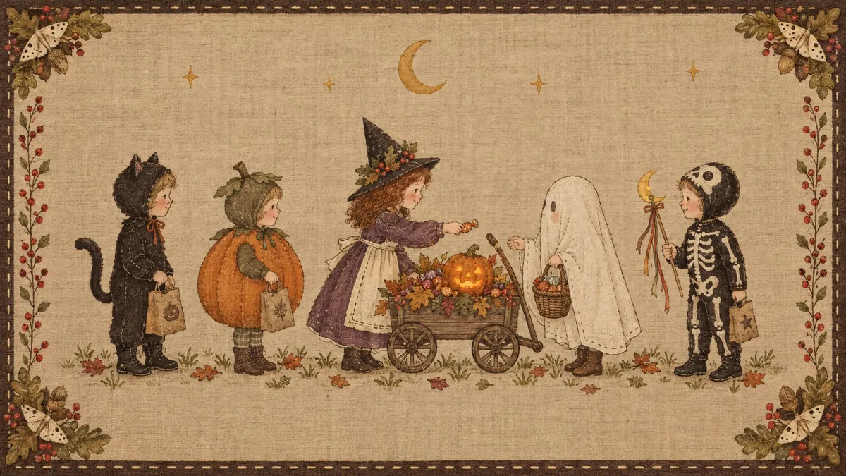 Children in cat, pumpkin, witch, ghost and skeleton costumes around a candy wagon with a glowing jack-o'-lantern