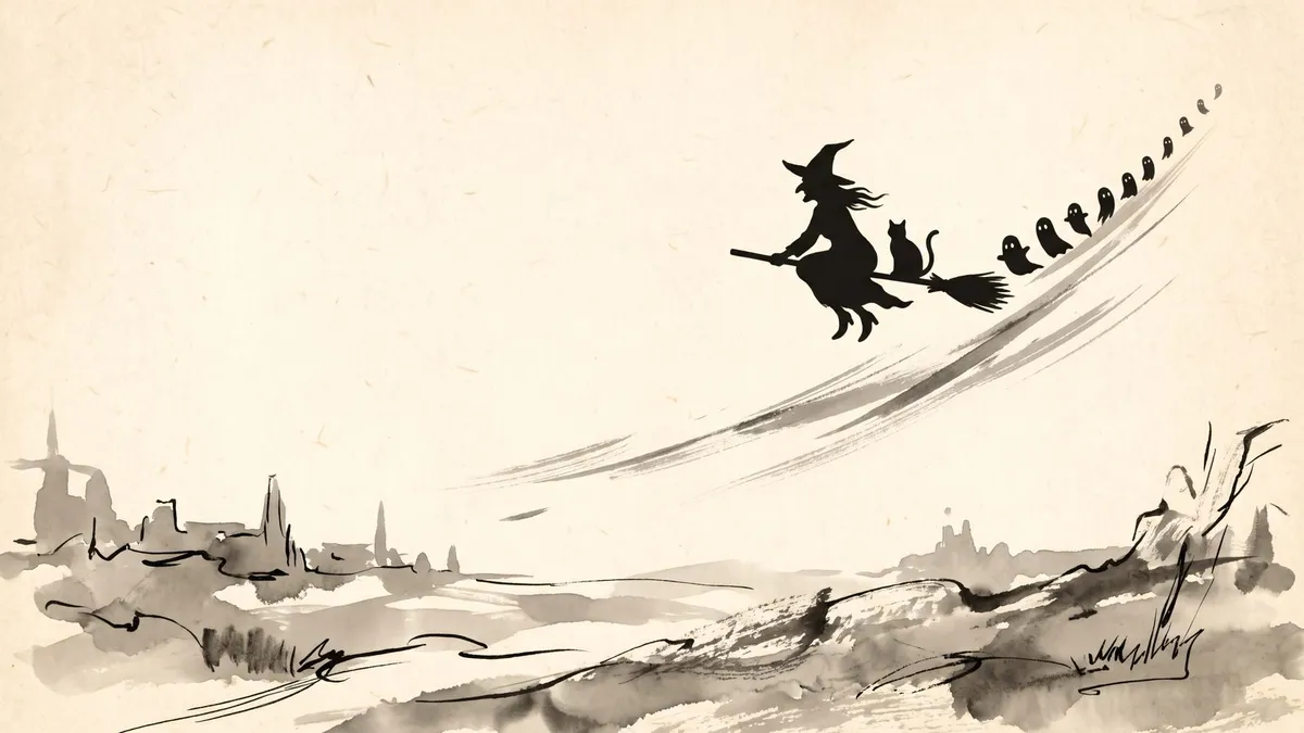 Ink Wash Witch Cat Ghosts shown on your frame