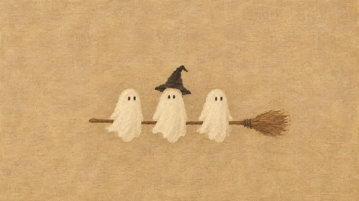 Three minimalist white ghosts with dot eyes riding one broomstick, the center ghost in a black witch hat