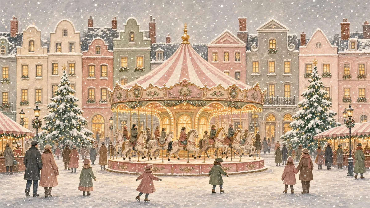 Glowing pink and gold carousel in a snowy square with pastel townhouses, snowy trees and figures in winter coats