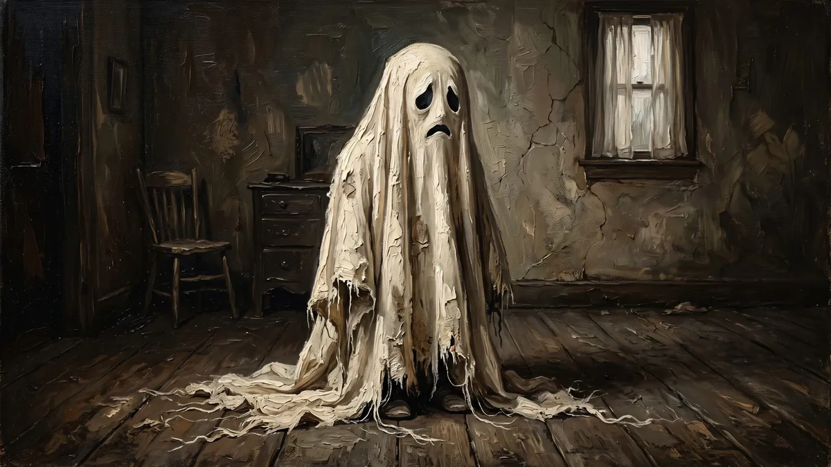 A sad-faced ghost in a tattered white sheet stands in a dim, bare room with a chair, dresser and window