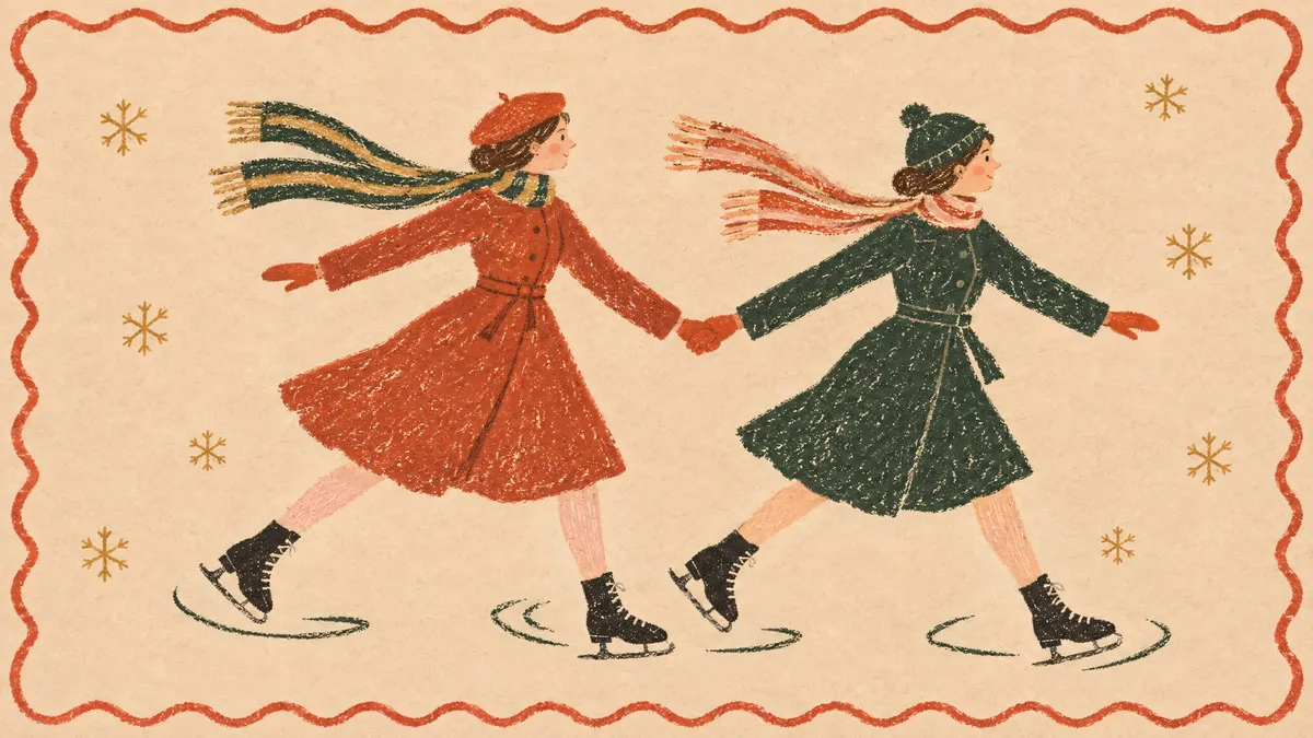 Two women in red and green coats skating hand in hand with long streaming scarves, inside a scalloped red crayon border