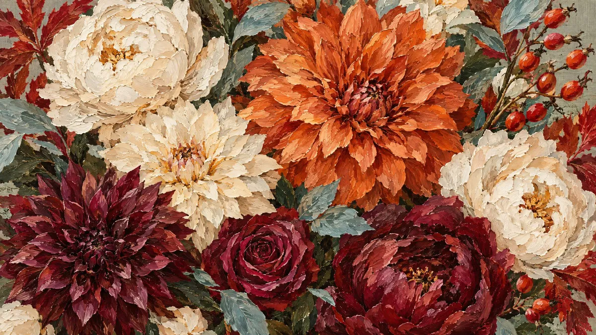 Autumn Dahlia Peony Bouquet shown on your frame