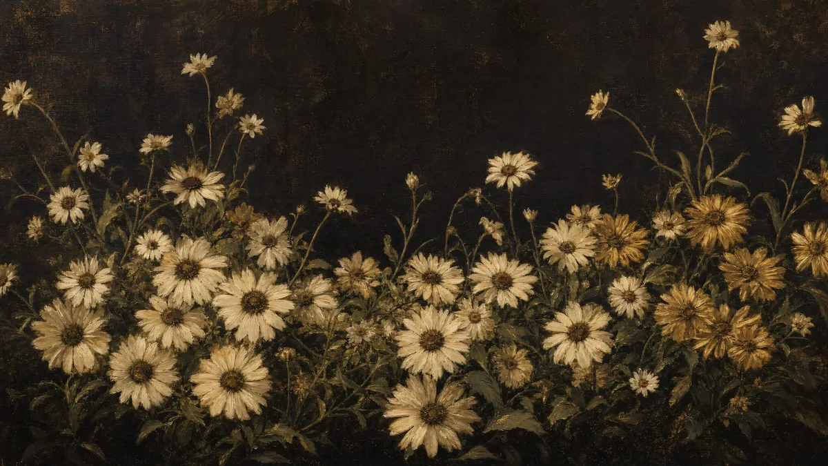 White and gold daisies with brown centers on slender stems rising from a dense band against a dark empty background