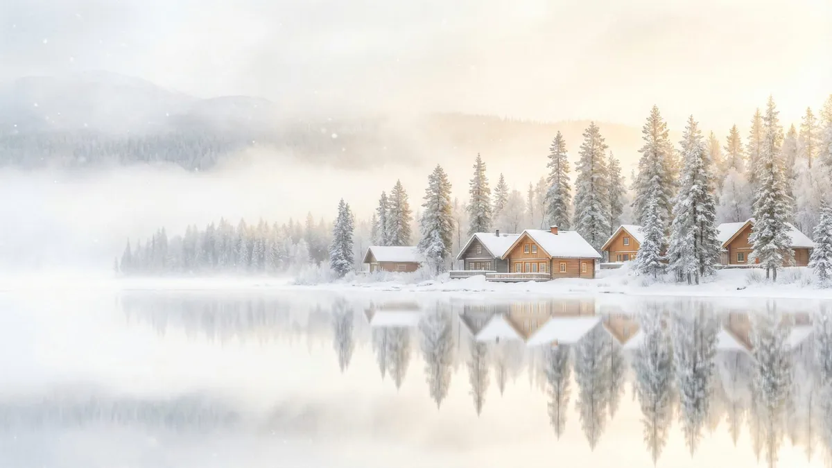 Misty Snowy Lake Cabin shown on your frame
