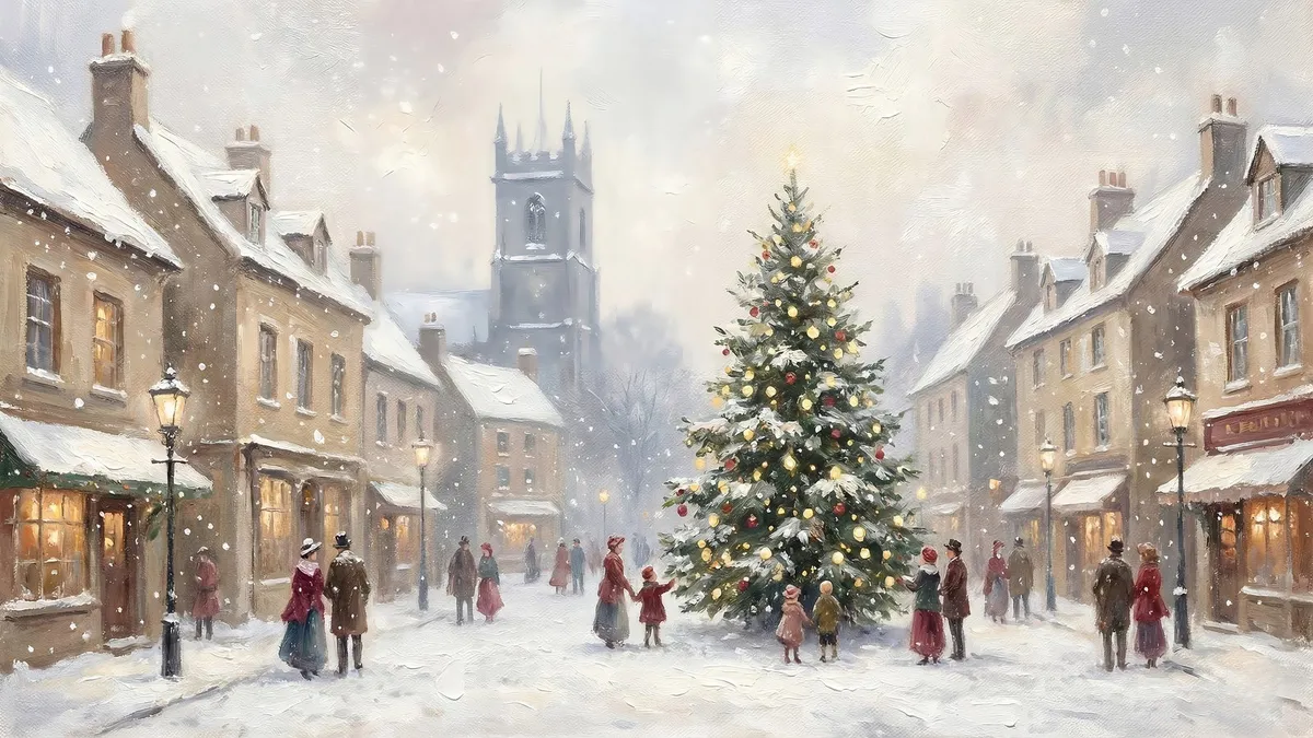 White Christmas Village Scene shown on your frame