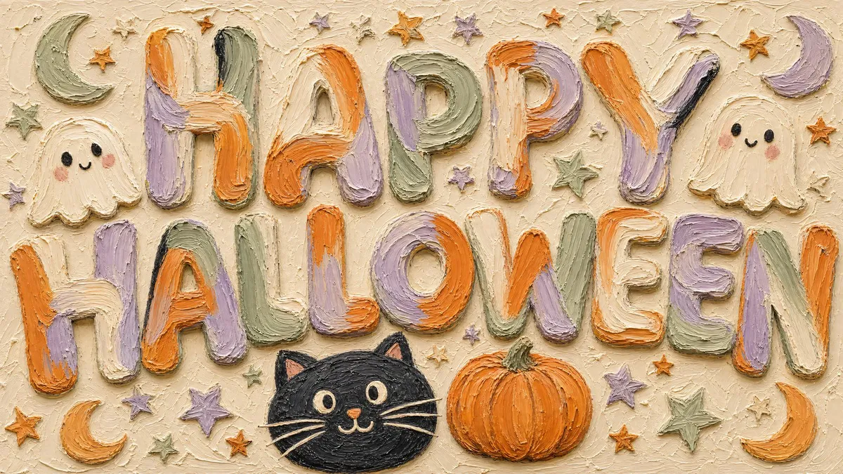 Thick painted HAPPY HALLOWEEN letters with two smiling ghosts, a black cat face, a pumpkin and stars