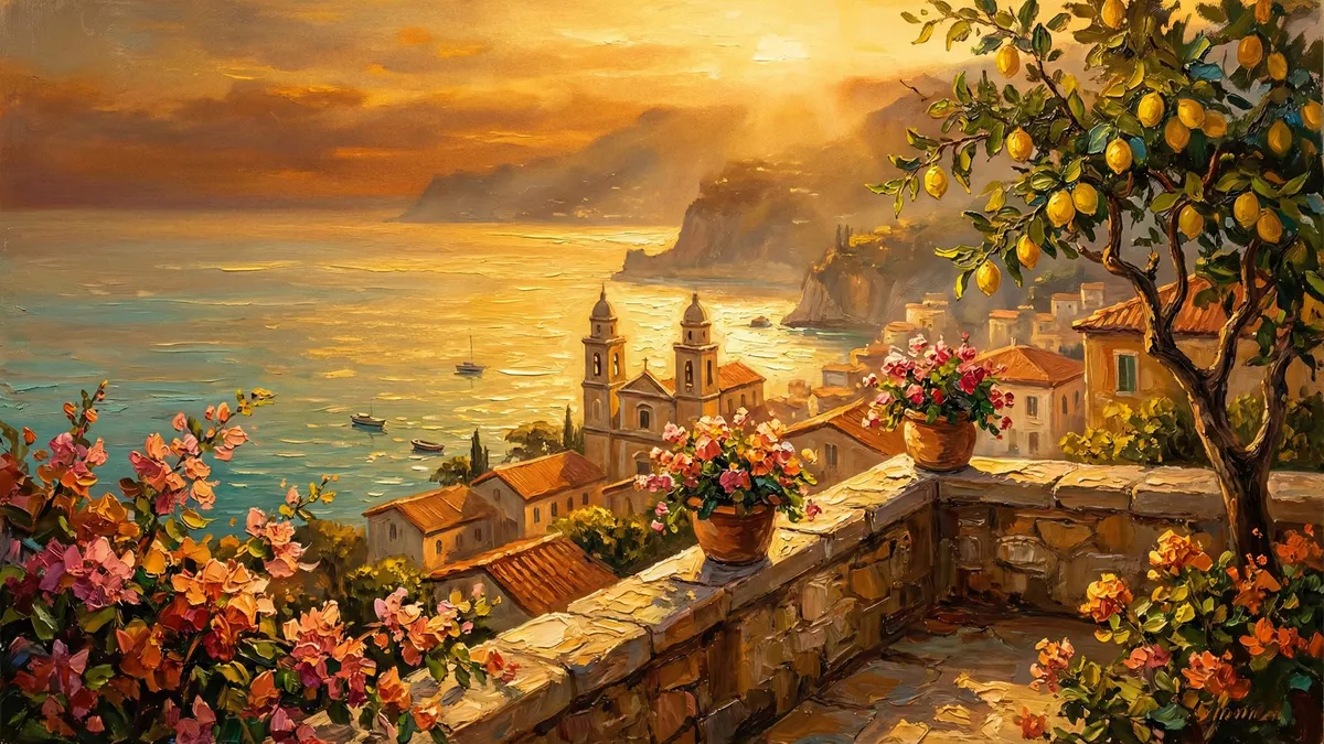 Amalfi Coast Terrace Mediterranean Sunset shown on your frame