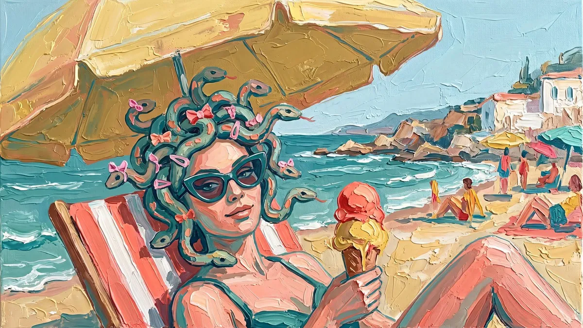 Medusa with snake hair in pink bows and cat-eye sunglasses holding ice cream under a beach umbrella