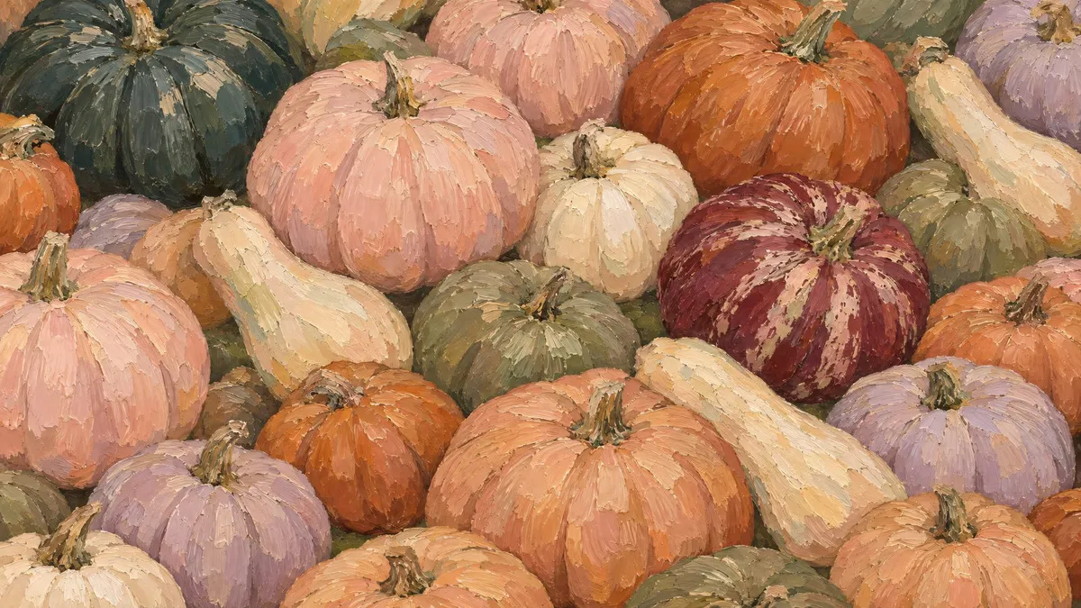 Densely packed pile of blush pink, terracotta, cream and green pumpkins and pale gourds in thick impasto paint