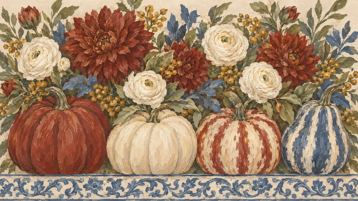 Row of four pumpkins and gourds beneath a bouquet of red and white flowers, with a blue-and-white scroll band at the base