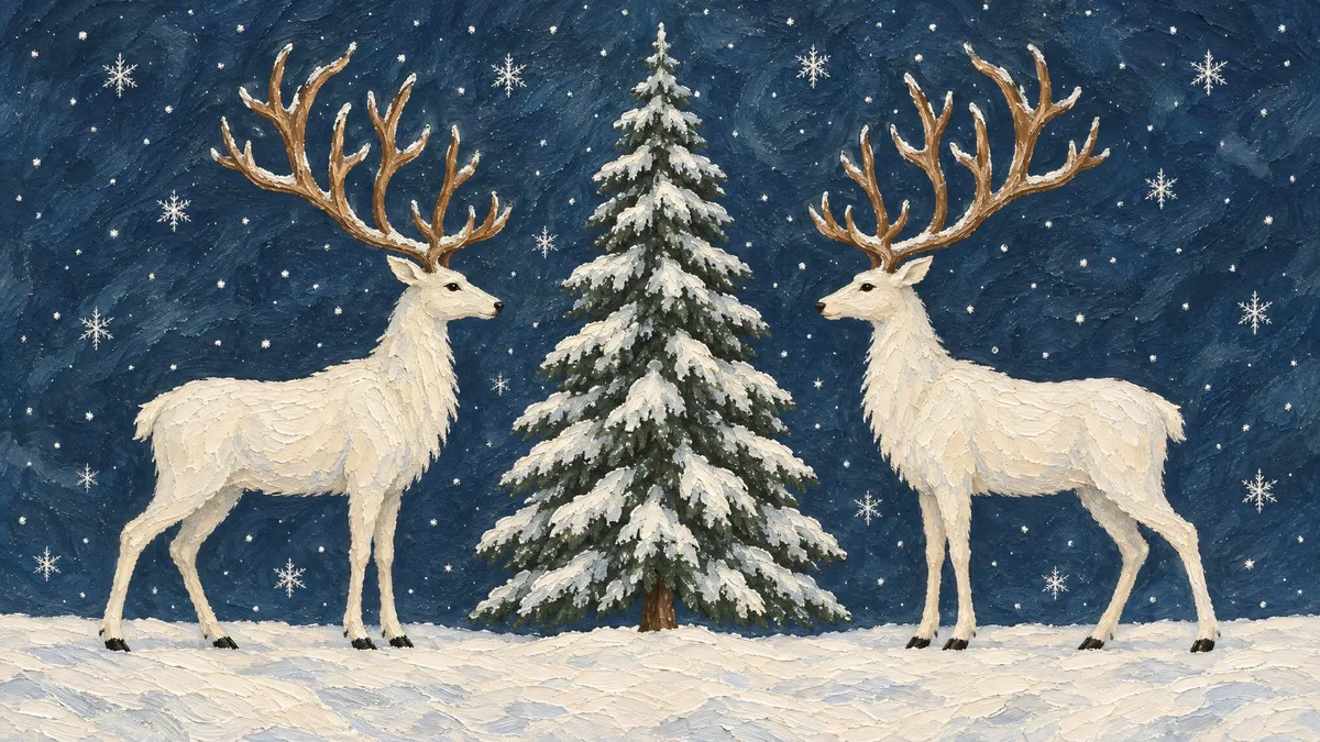 Two white reindeer stags with copper antlers face a snow-covered fir tree under a starry, snowing night sky