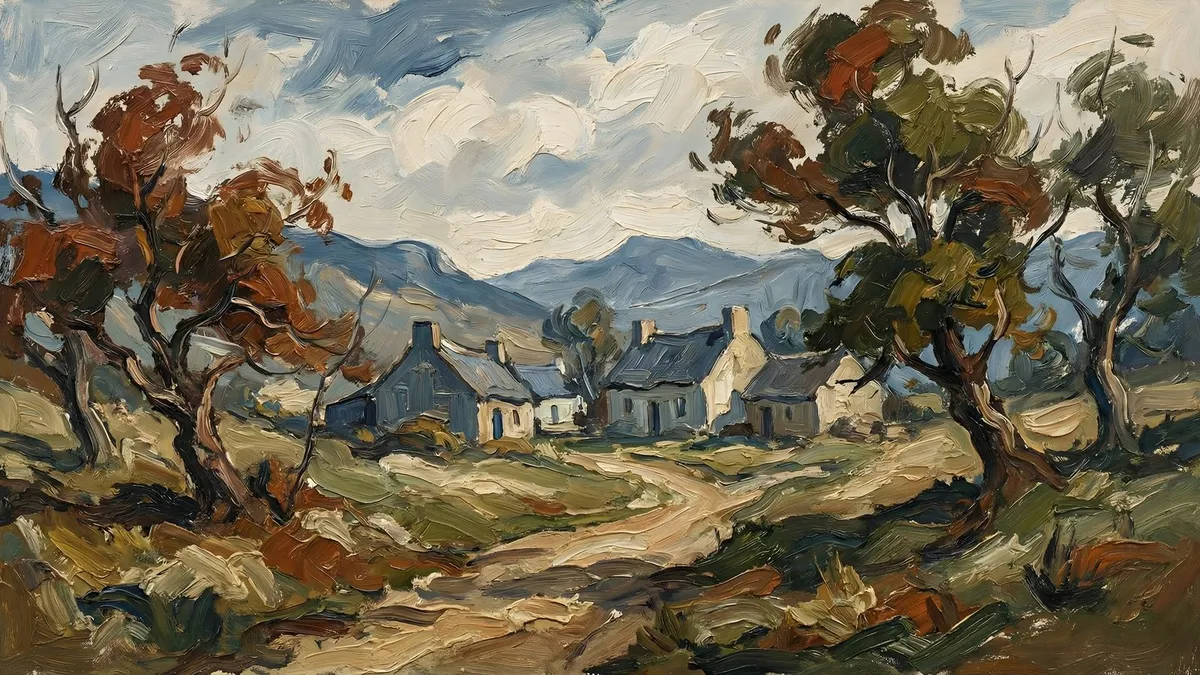 Moody Rustic Village Impasto Landscape shown on your frame