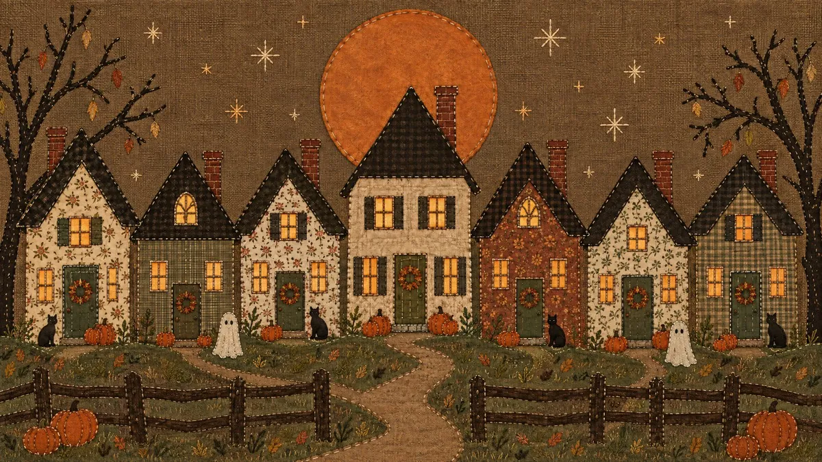 Primitive Stitched Halloween Village shown on your frame