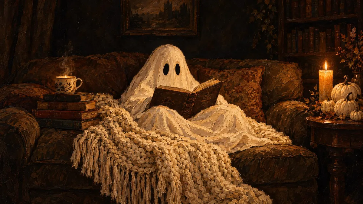White sheet ghost reading an open book on a couch with a chunky knit blanket, beside a lit candle and small pumpkins