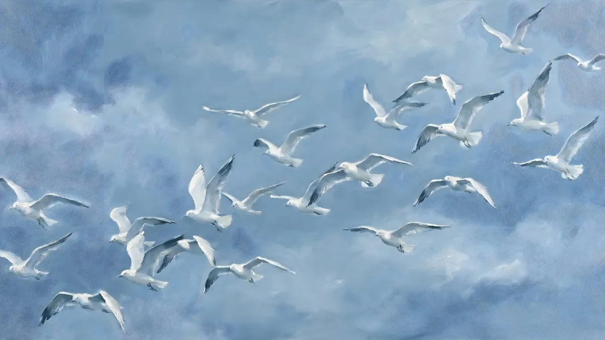 Seagulls in Flight Cloudscape shown on your frame