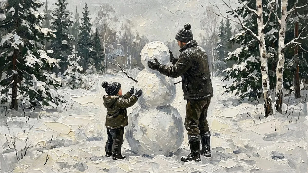 Winter Father Son Snowman Building shown on your frame