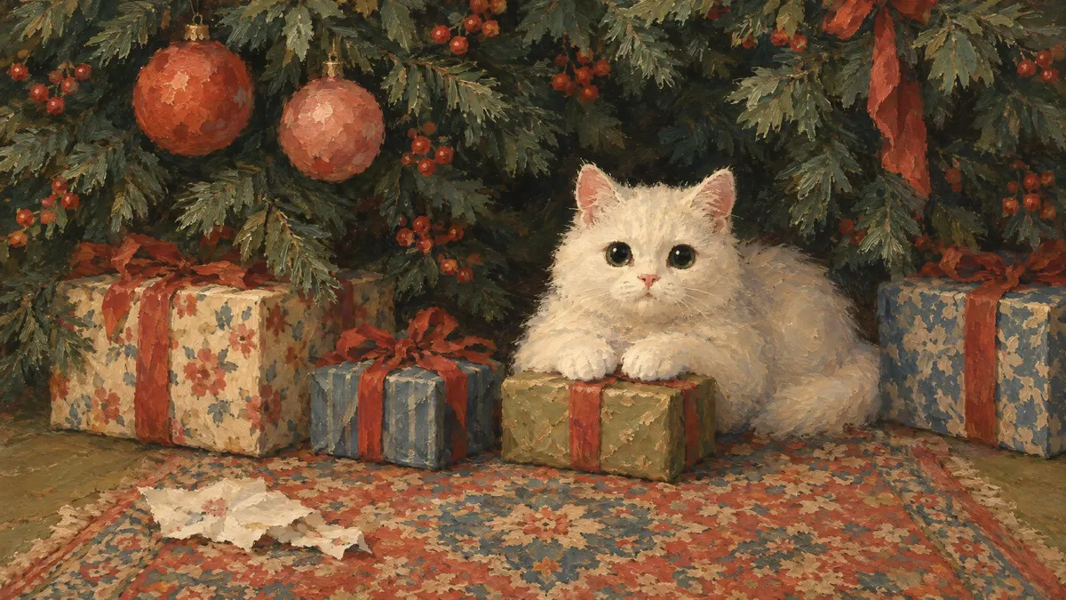 White Cat Under Christmas Tree shown on your frame