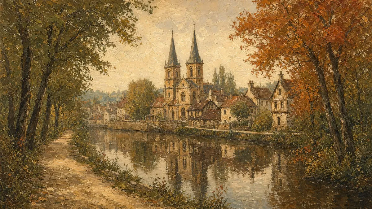 Autumn Riverside Village shown on your frame