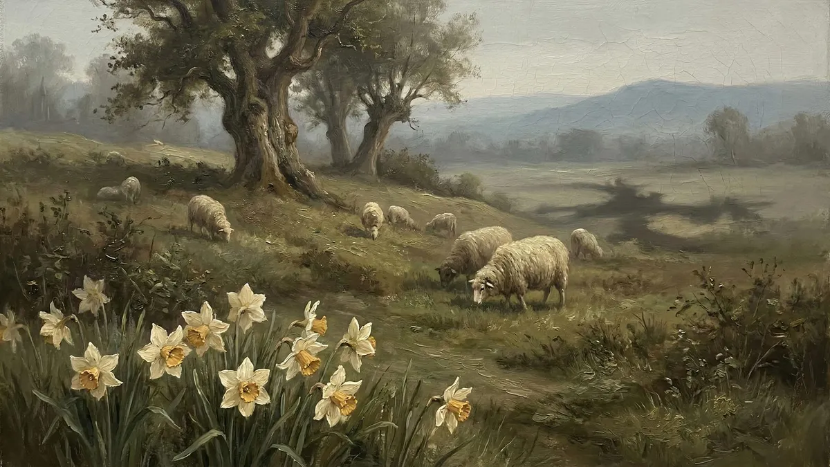 Vintage Sheep Landscape shown on your frame