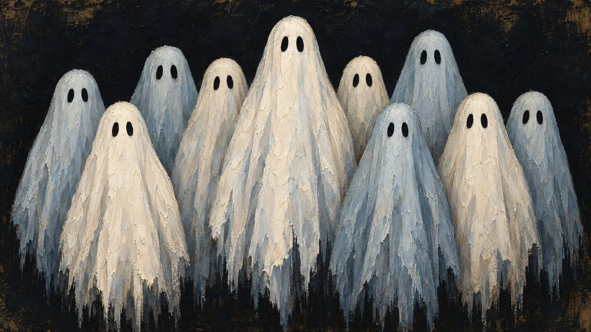 Nine cream and powder-blue sheet ghosts with black oval eyes standing close together against a dark background