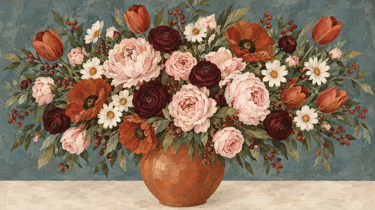Dense bouquet of pink roses, burgundy ranunculus and white daisies in a terracotta vase against a muted background