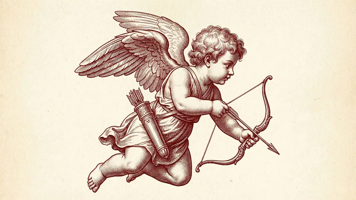 Red-ink engraving of a winged cherub in flight with a bow and a quiver of arrows, on cream paper