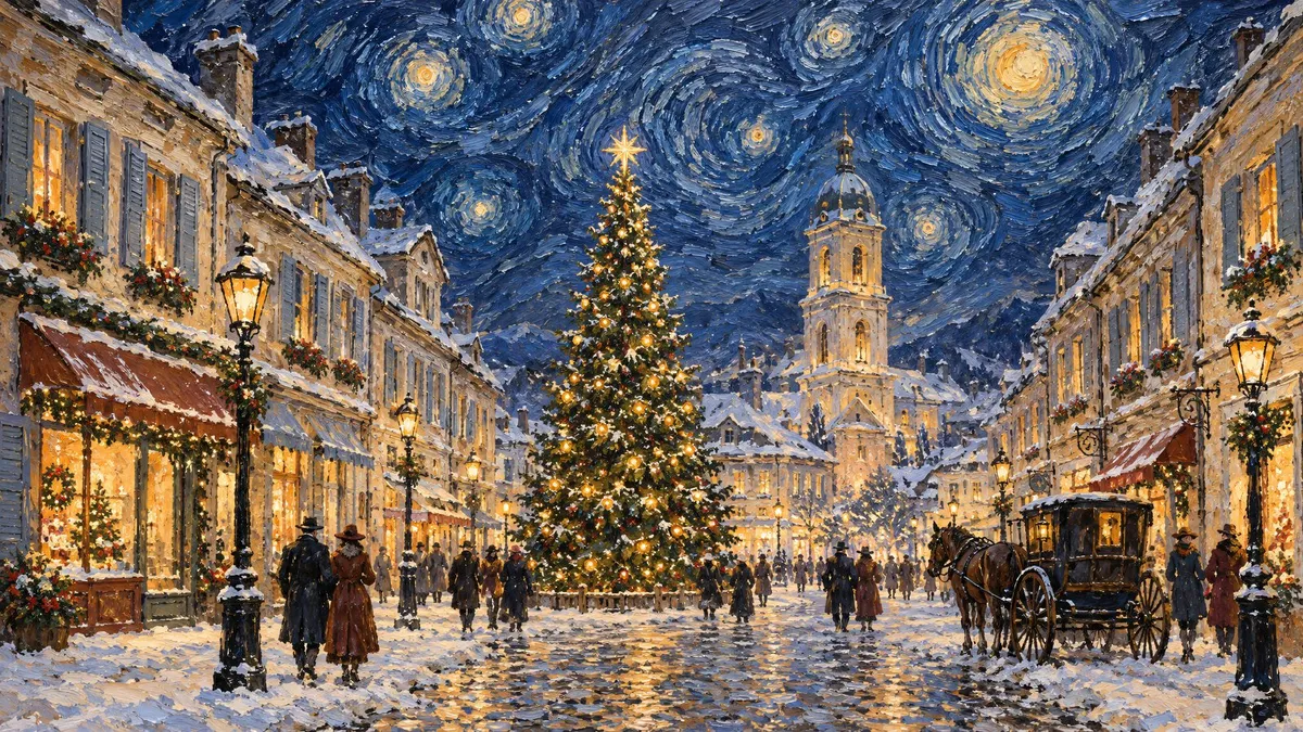 Snowy village street at night with a lit Christmas tree, church tower, lamp posts, carriage, and a swirling starry sky
