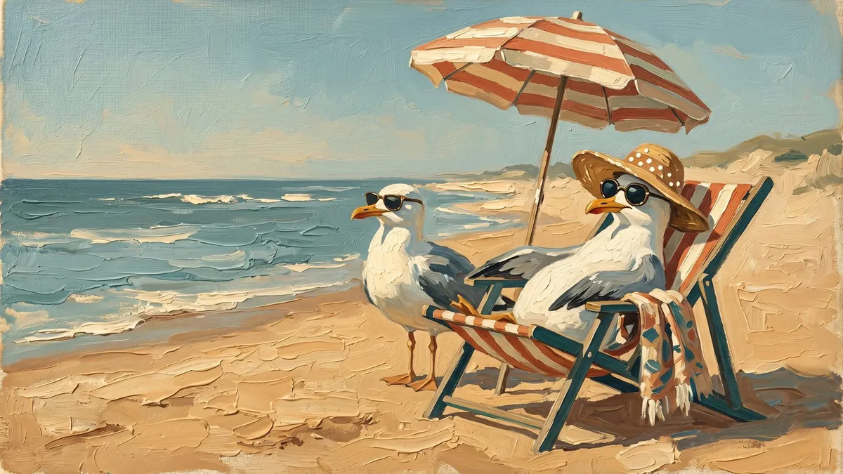 Two seagulls wearing sunglasses on a beach, one in a straw hat on a striped deck chair under a parasol
