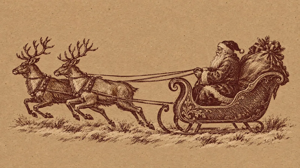Engraved Santa in a curved sleigh with a gift sack, pulled by two galloping reindeer, in brown ink on kraft paper