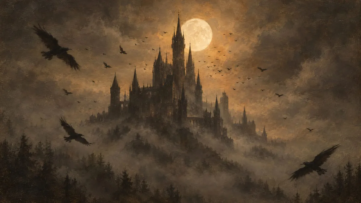 Gothic castle with tall spires on a foggy hill under a full moon, with ravens flying through amber clouds