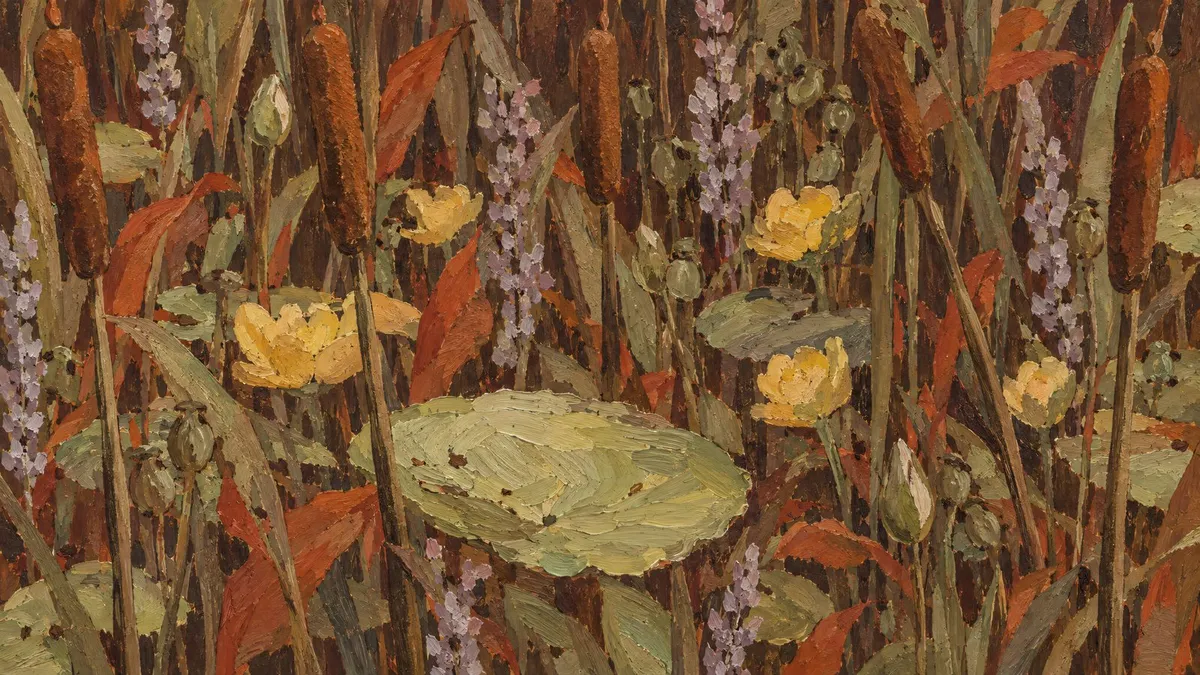 Autumn Marsh Cattails Oil Painting shown on your frame