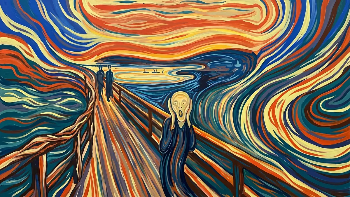 Swirling orange, yellow and blue landscape with a figure clutching its face on a bridge, two figures and boats behind