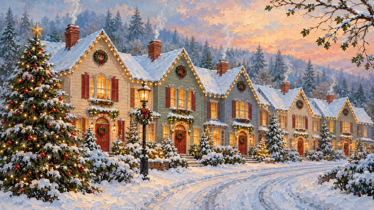 Cozy Winter Village Christmas shown on your frame