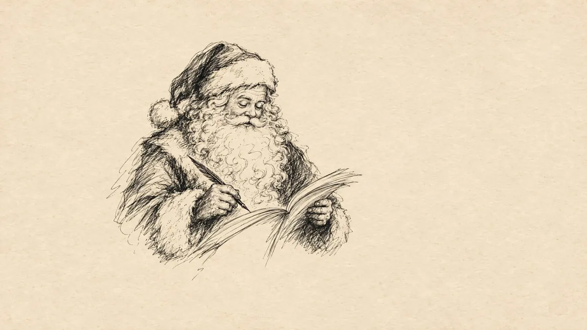 Pen-and-ink sketch of Santa Claus in a floppy hat and curly beard, reading an open book with a quill on cream paper