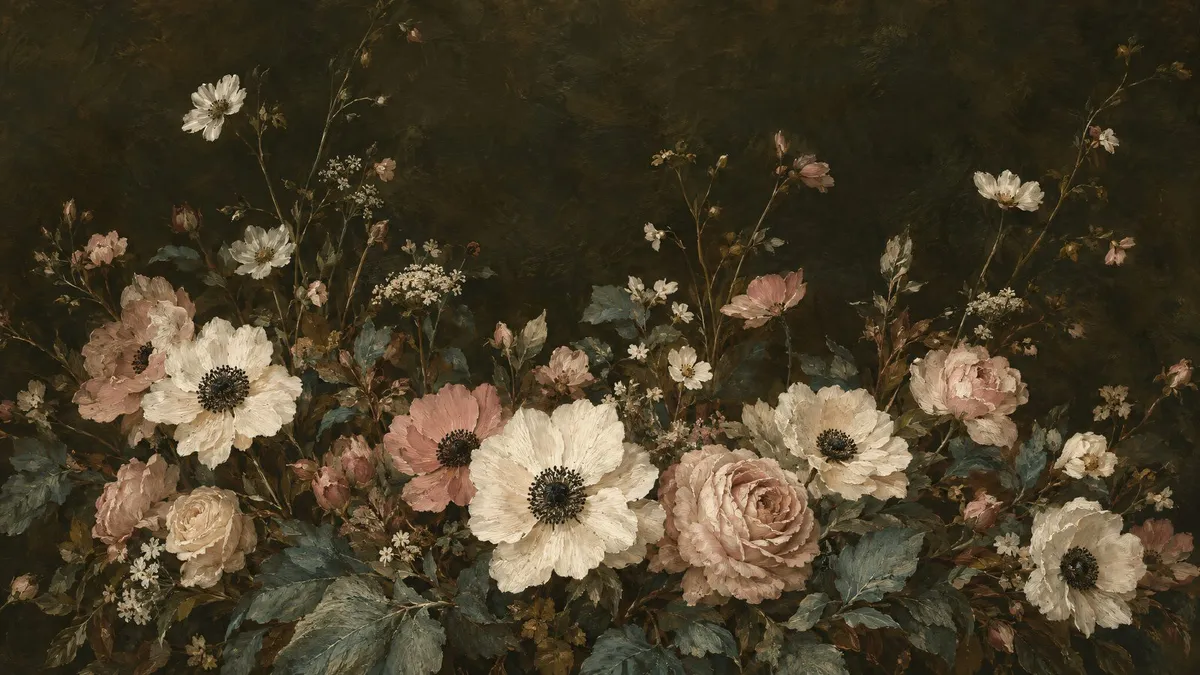 White and blush anemones, roses and leaves in a dense bouquet with wispy stems against a dark background