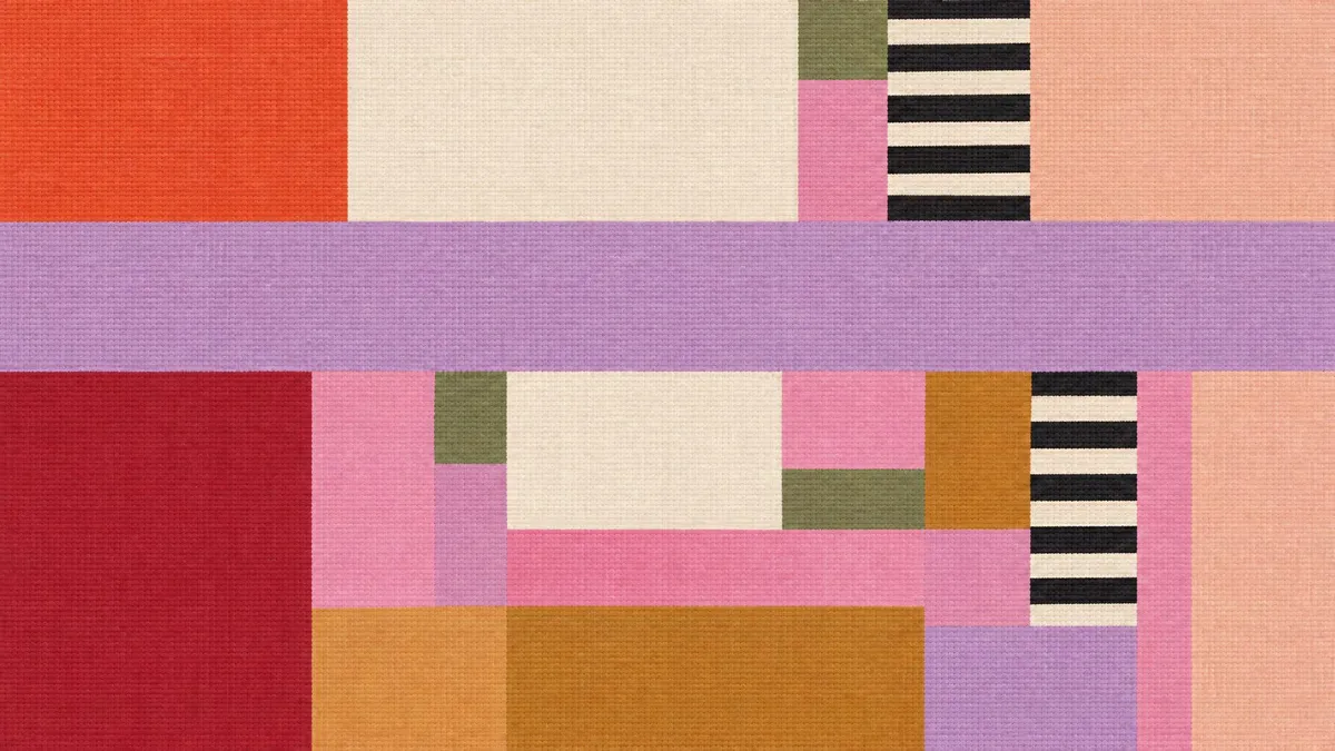 Abstract grid of orange, ivory, lavender, rose, mustard and olive rectangles with a fine woven texture